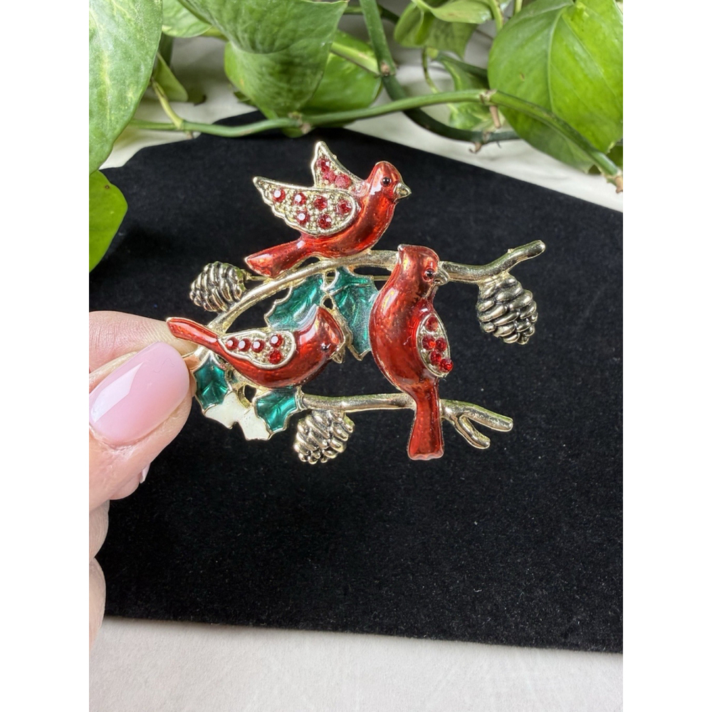 Vintage Gold Tone Enamel Rhinestone Red Cardinal Branches Pine Cones Pin Brooch